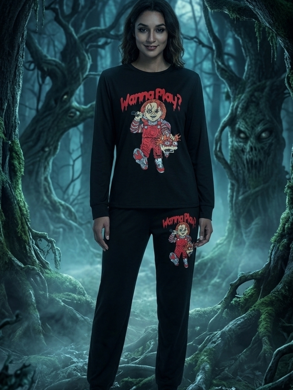 Womens Black 'Wanna Play?' Horror Graphic Pajama Set/Sweatsuit